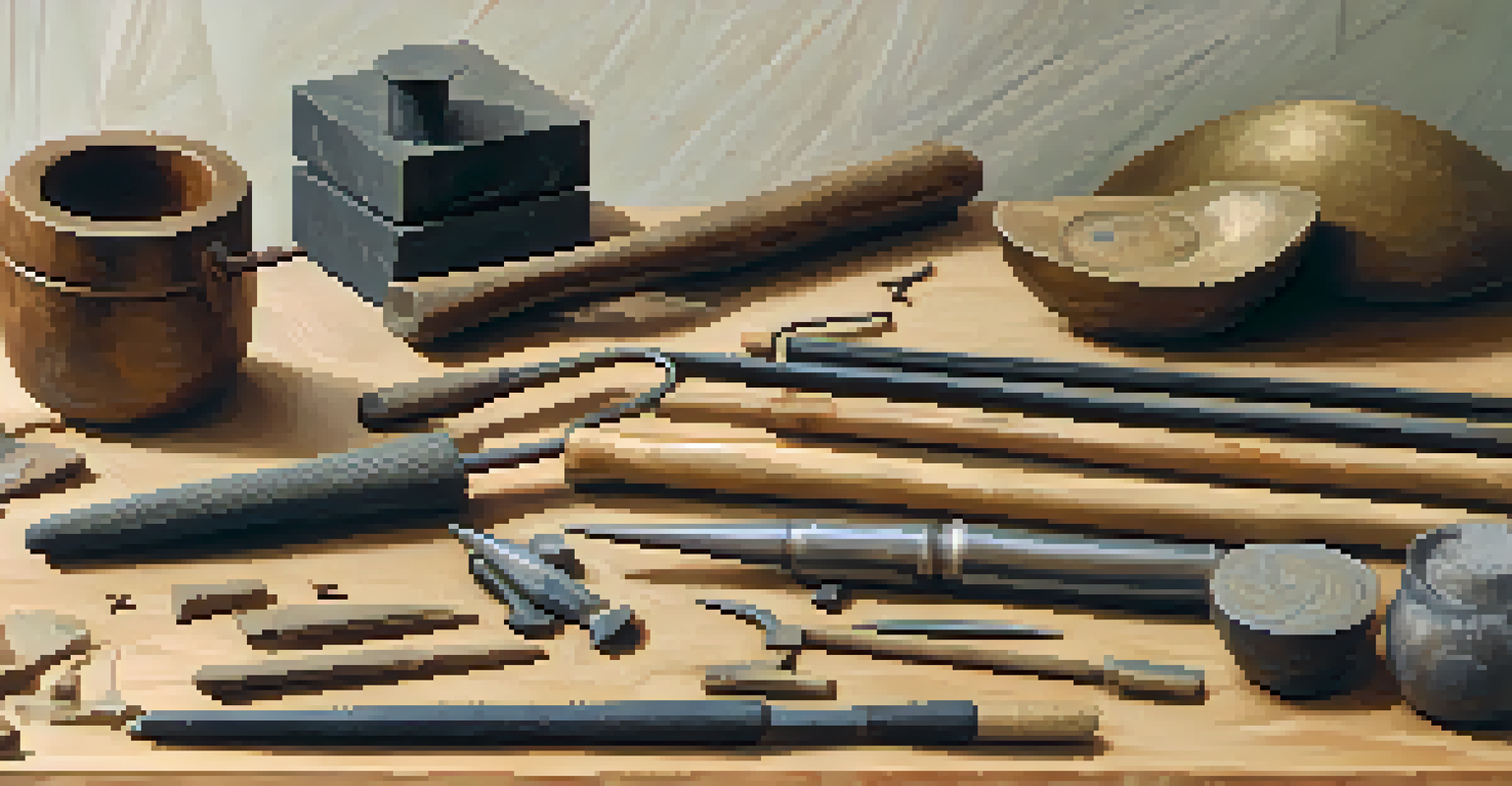 Ancient Greek sculpting tools on a wooden bench with a marble sculpture in progress in the background.