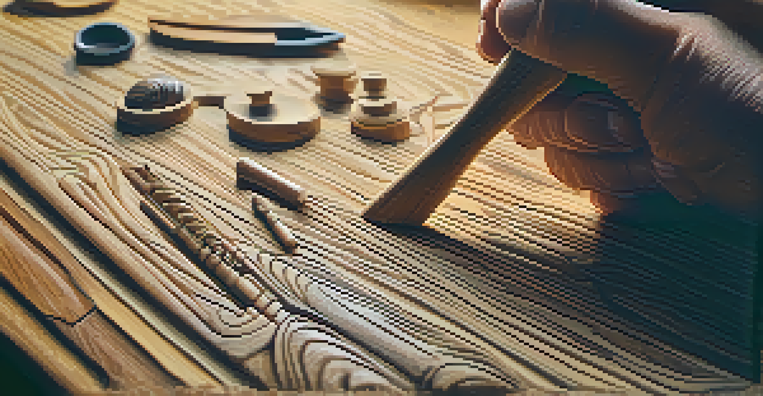 Close-up of hands carefully carving a detailed wooden sculpture, highlighting the tools and intricate textures of the wood.