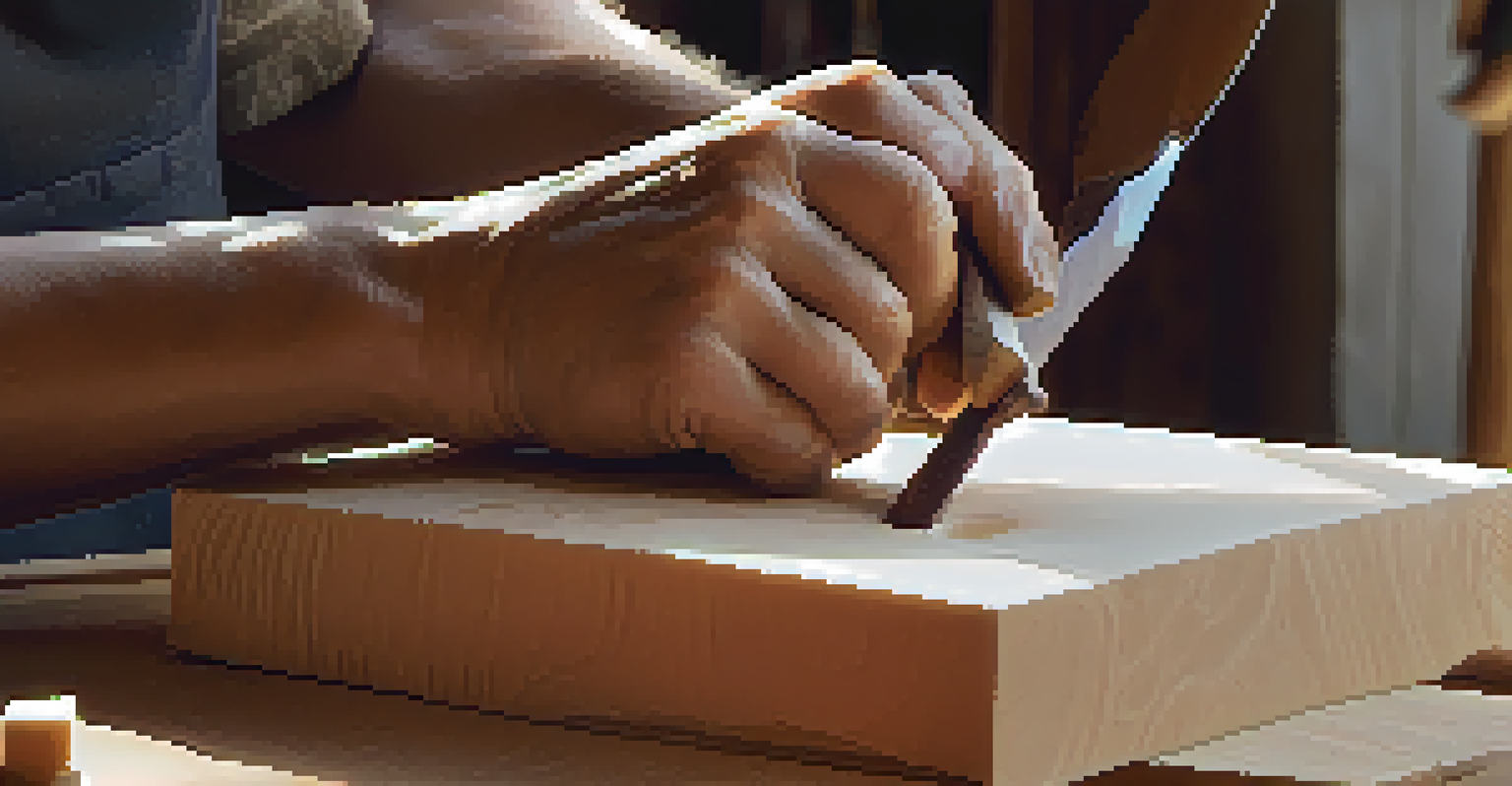 A close-up of hands carving a bird figure from wood, showcasing tools and textured wood.