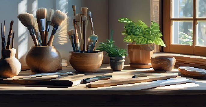 A calm and organized wooden carving workspace with tools and wood pieces, illuminated by soft sunlight.