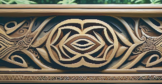 A detailed close-up of a Maori wooden carving with intricate patterns, softly lit by sunlight in a forest setting.