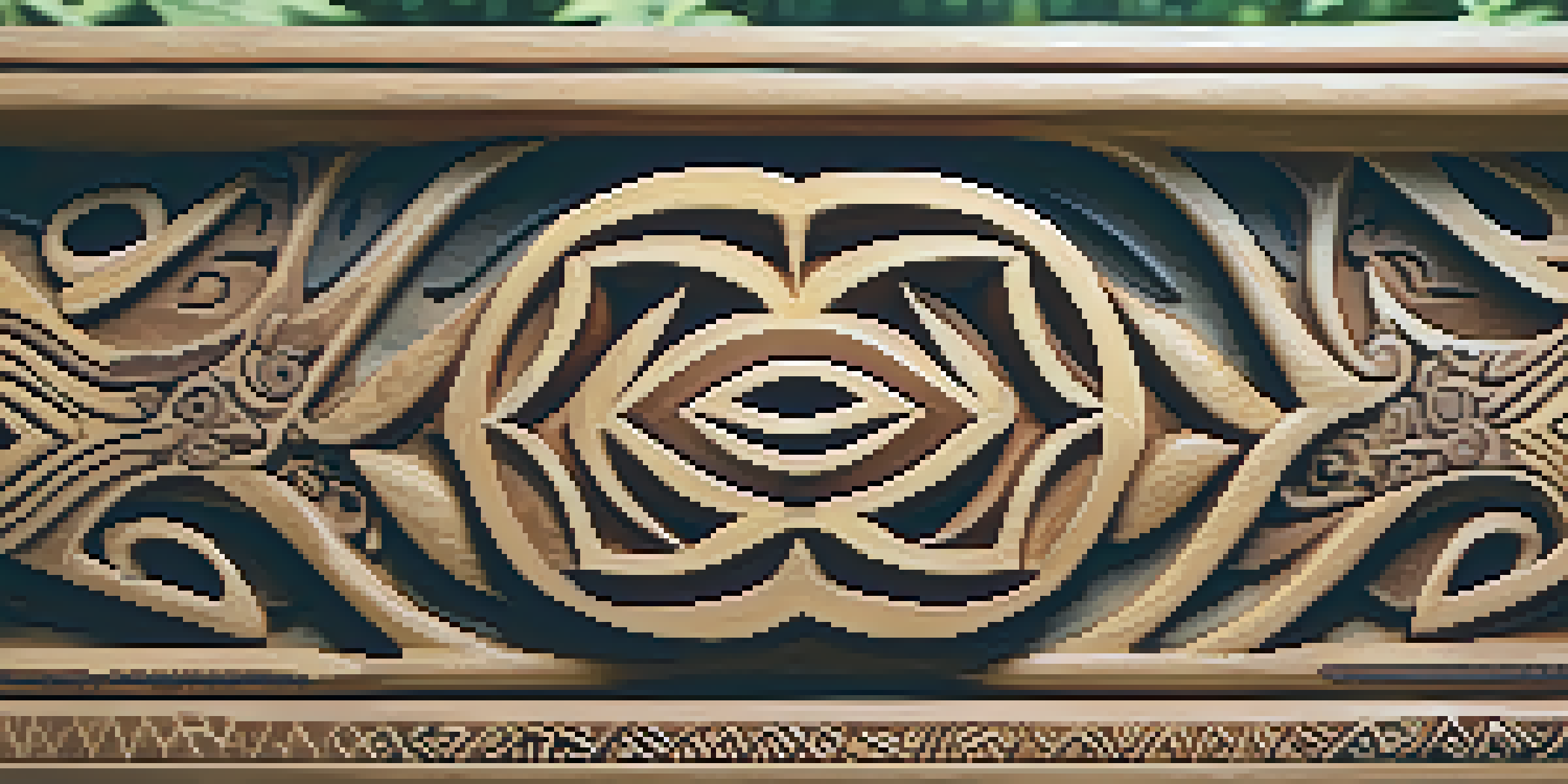 A detailed close-up of a Maori wooden carving with intricate patterns, softly lit by sunlight in a forest setting.