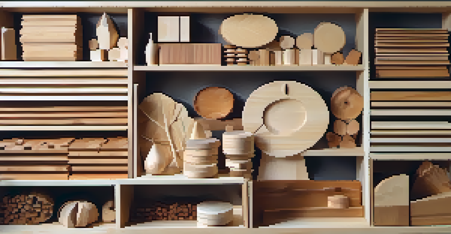 An artistic arrangement of different types of wood for chip carving, displayed on a workshop bench with natural light highlighting their textures.