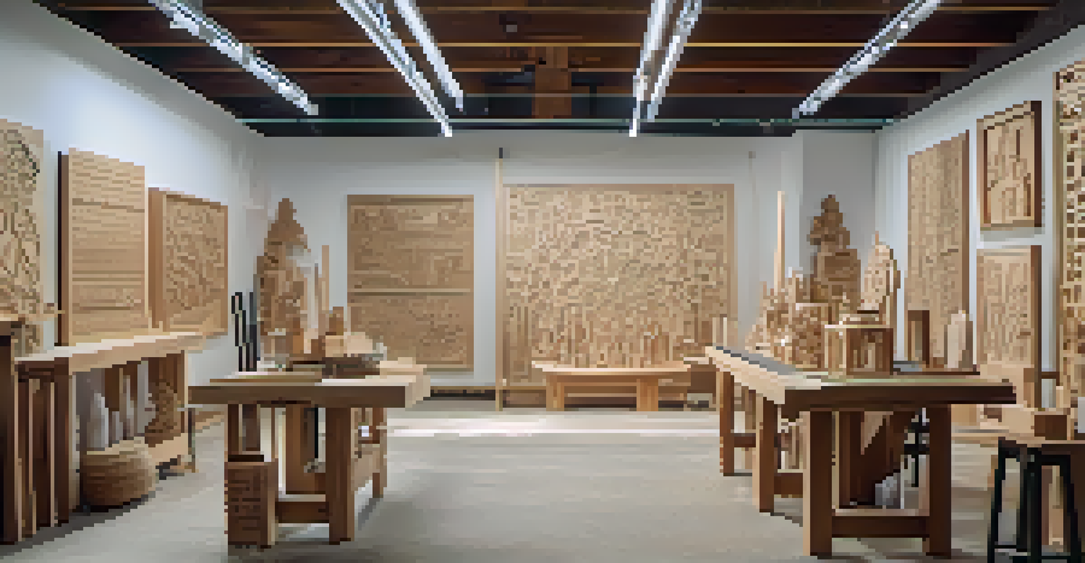 A modern artisan's studio featuring a CNC machine and traditional wooden sculptures, illustrating the blend of innovative and traditional carving techniques.