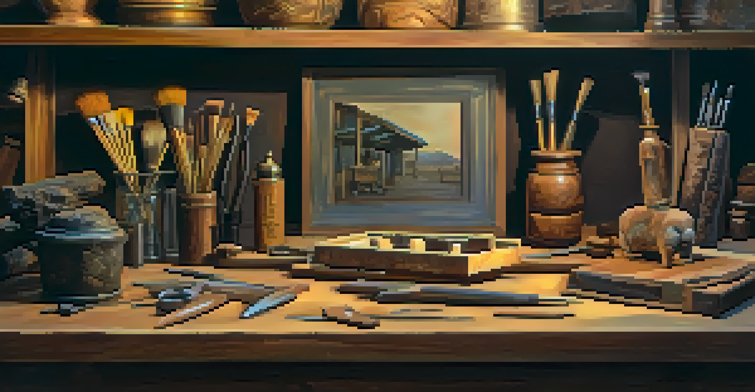 An artist's workspace filled with carving tools, wood pieces, and a bronze sculpture, all under warm ambient lighting.