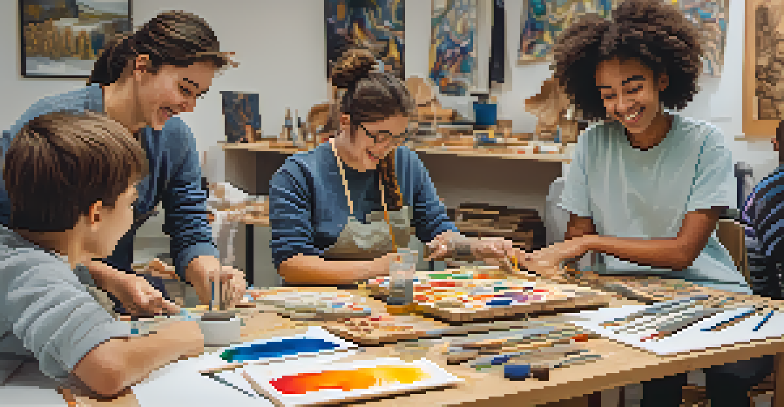 A group of students working together at a table on a carving project, with sketches and tools scattered around, creating a lively and cooperative atmosphere.