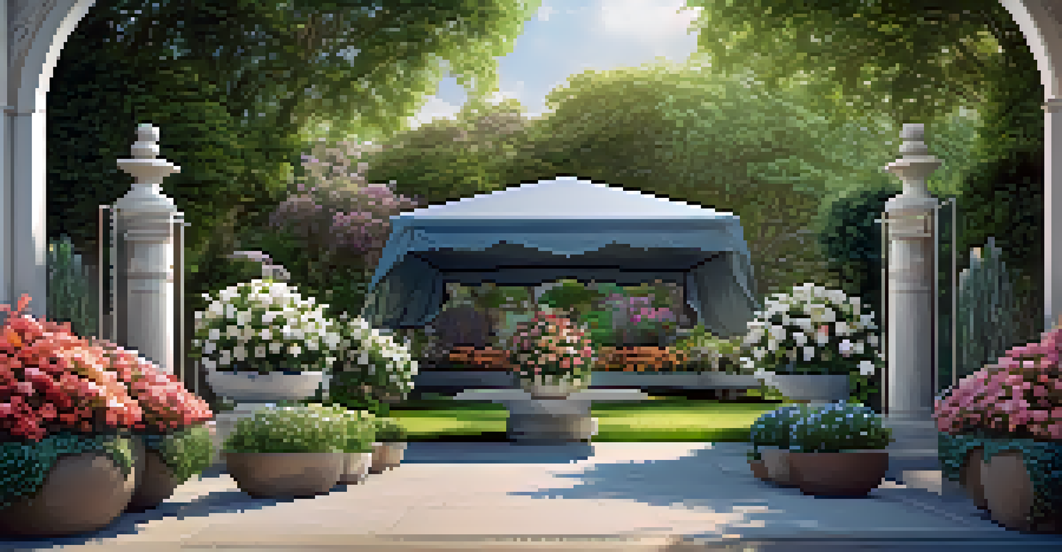 An array of carved outdoor elements covered with stylish protective covers in a colorful garden.