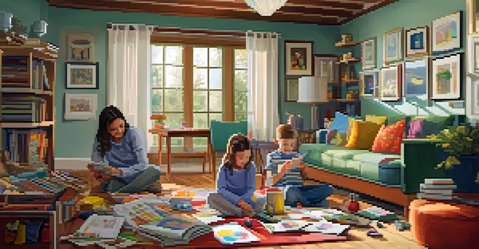 A family creating a scrapbook together on the living room floor, with art supplies around them and warm sunlight streaming through a window.