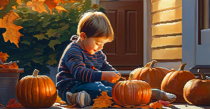 A child carving a pumpkin outdoors, with colorful autumn leaves and tools nearby.