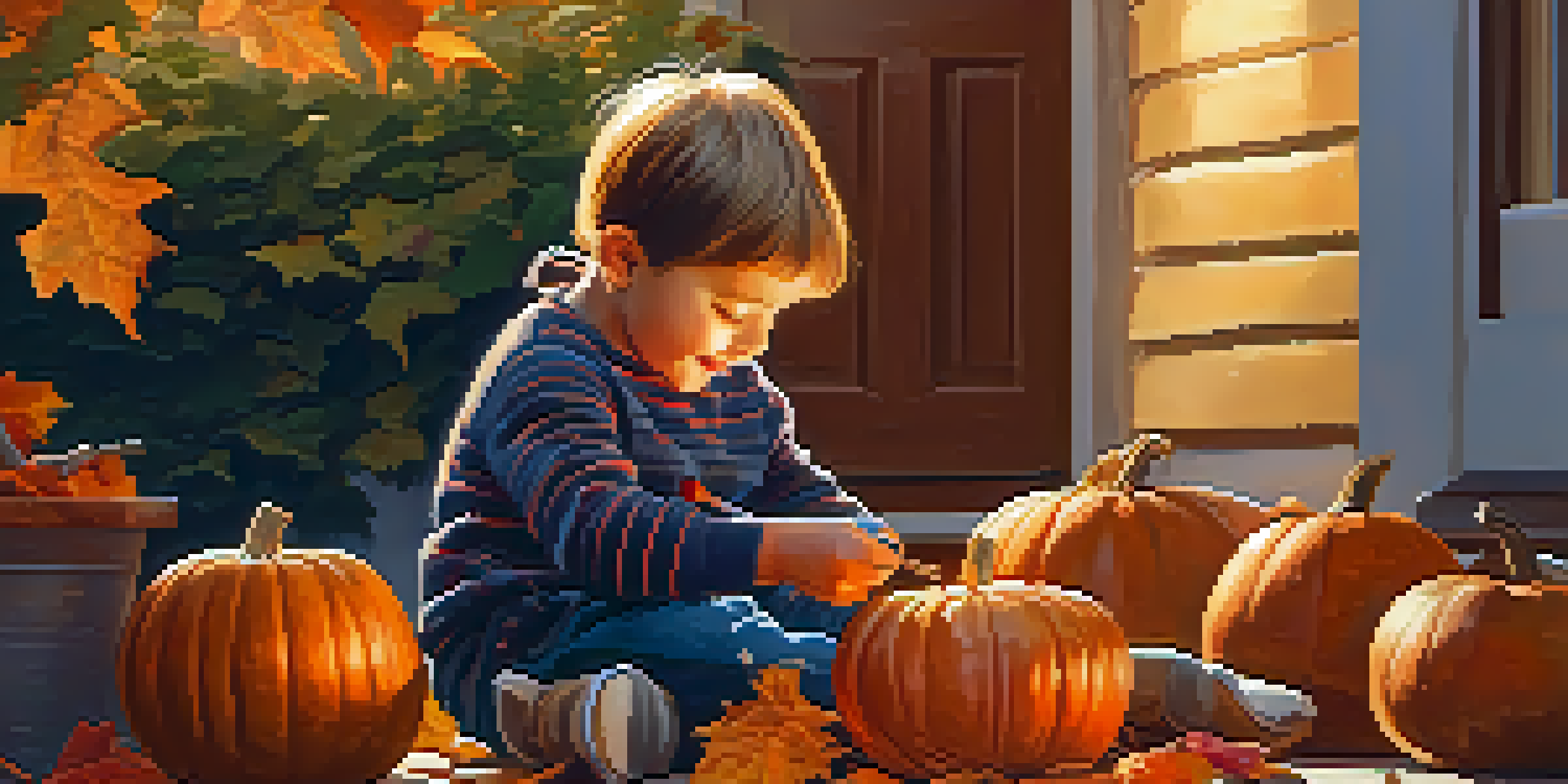 A child carving a pumpkin outdoors, with colorful autumn leaves and tools nearby.