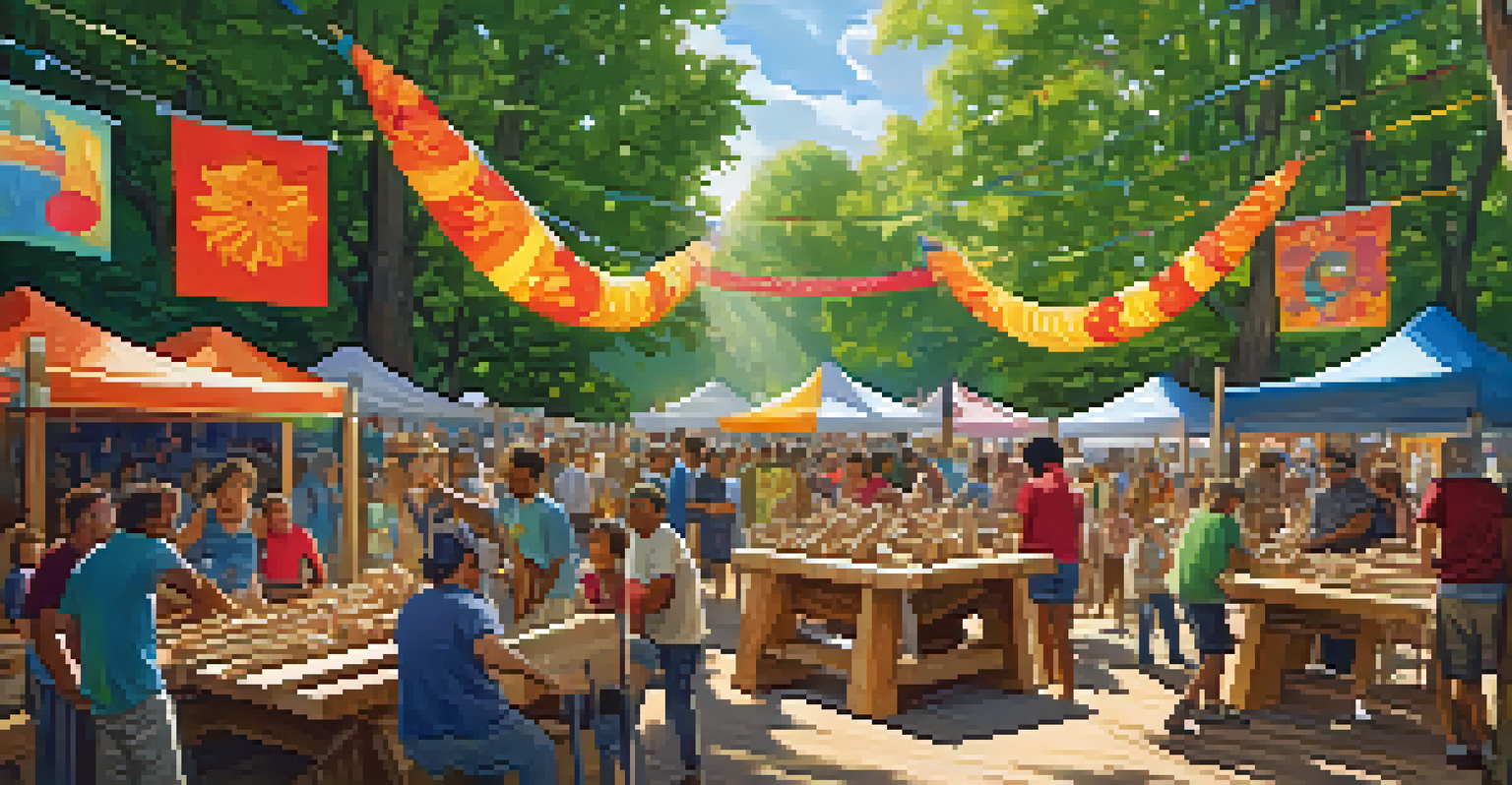 A community carving event with diverse artisans collaborating on a large sculpture, surrounded by colorful decorations.