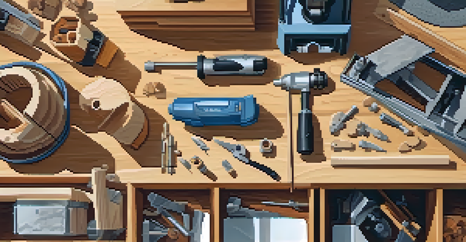 An overhead view of a woodworking workspace with various power tools and wood pieces arranged neatly.