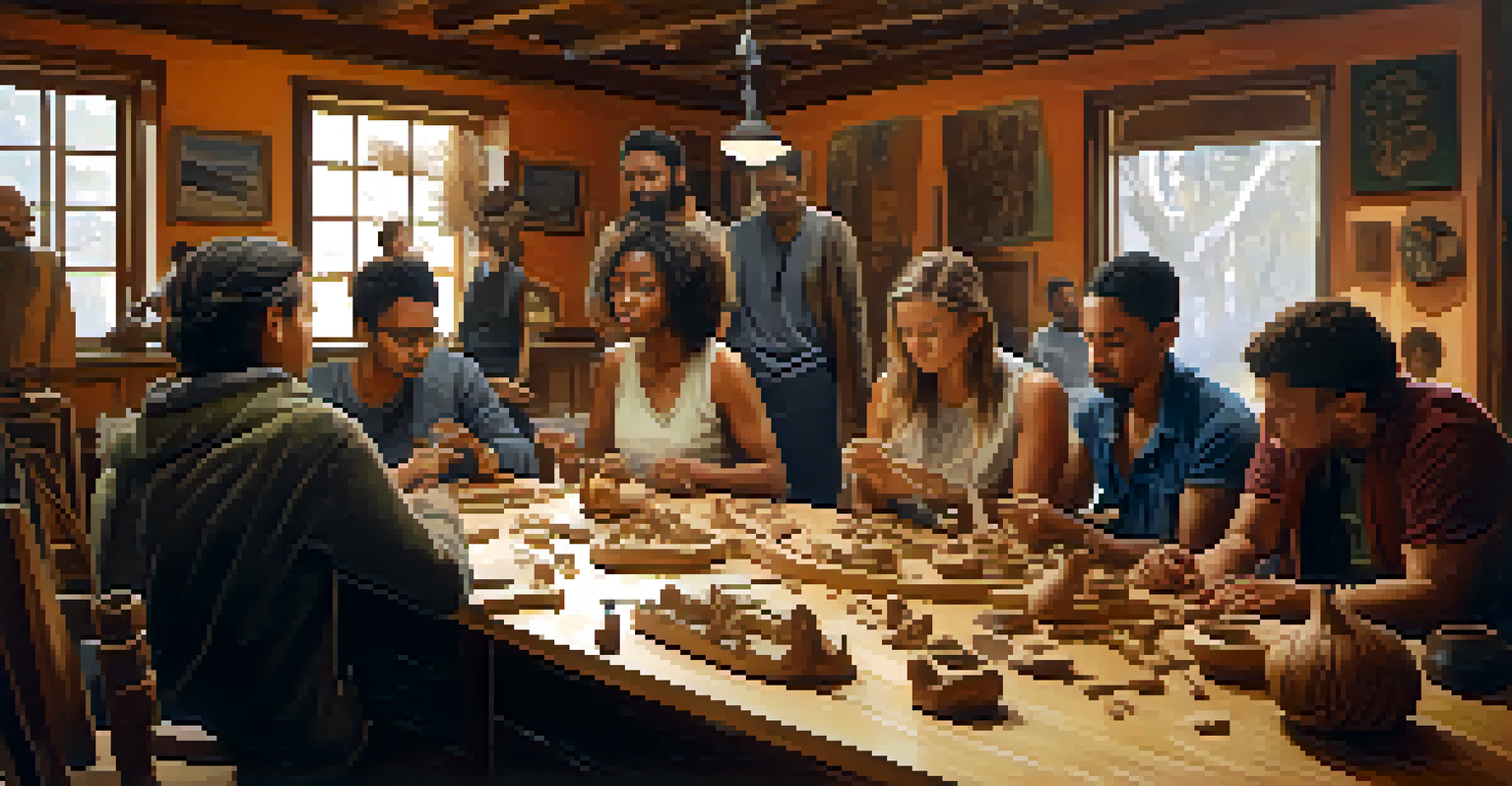 Participants in a group therapy session engaged in carving projects, with personal sculptures on the table.