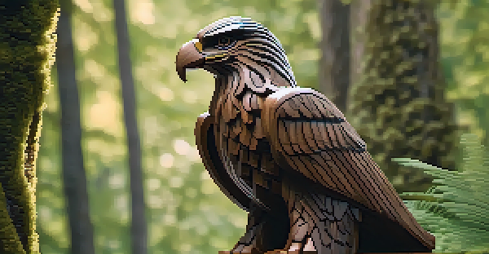 A detailed wooden sculpture of an eagle on a rock, surrounded by a blurred forest background with soft sunlight.