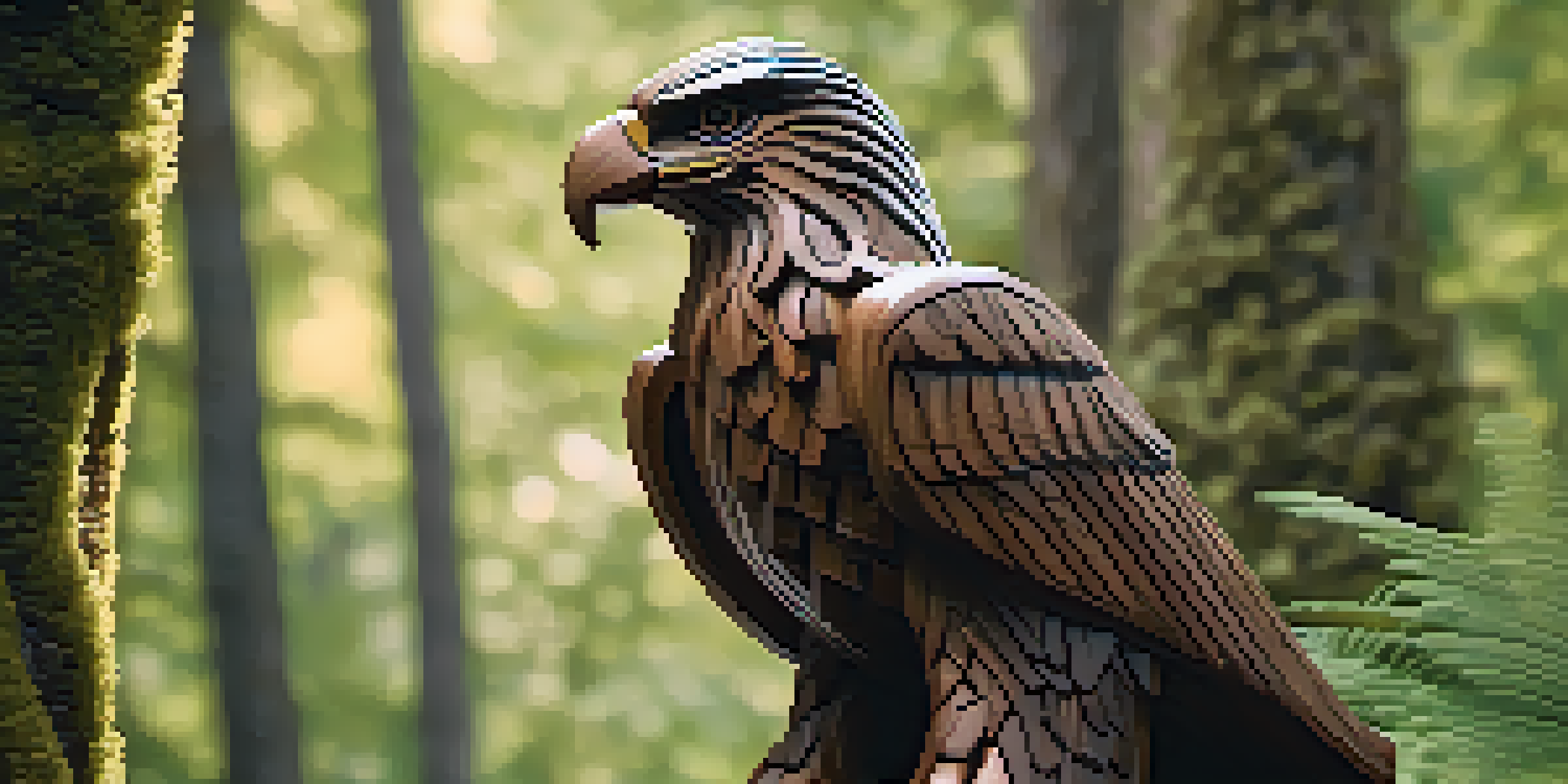 A detailed wooden sculpture of an eagle on a rock, surrounded by a blurred forest background with soft sunlight.