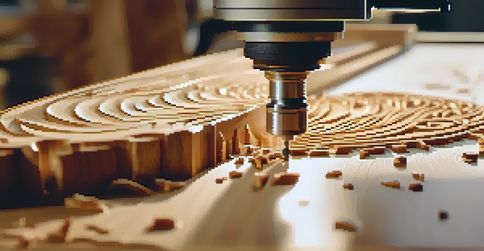 A CNC machine carving intricate patterns into wood, with flying wood shavings and focused lighting highlighting the machine's tools.