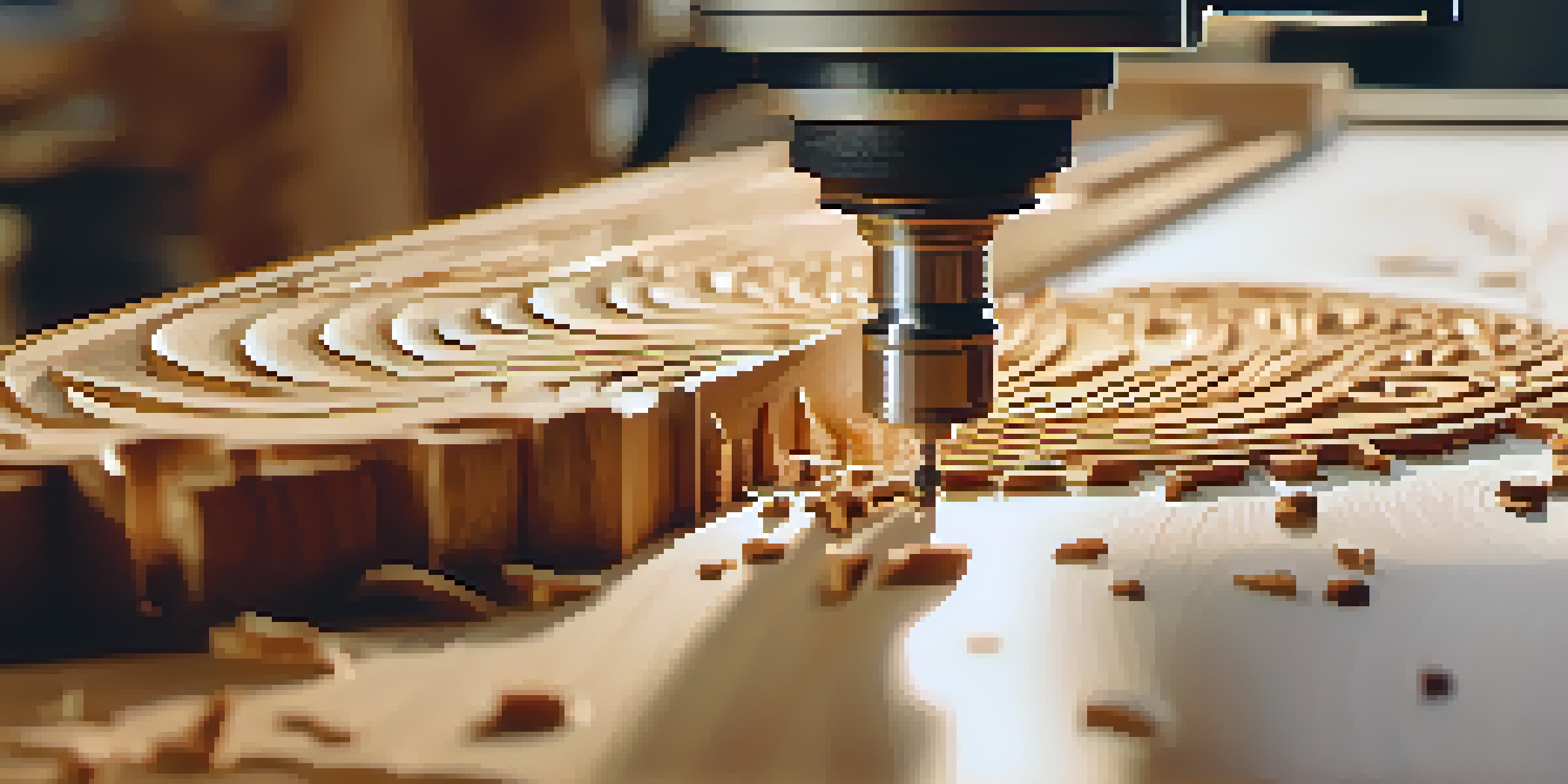 A CNC machine carving intricate patterns into wood, with flying wood shavings and focused lighting highlighting the machine's tools.