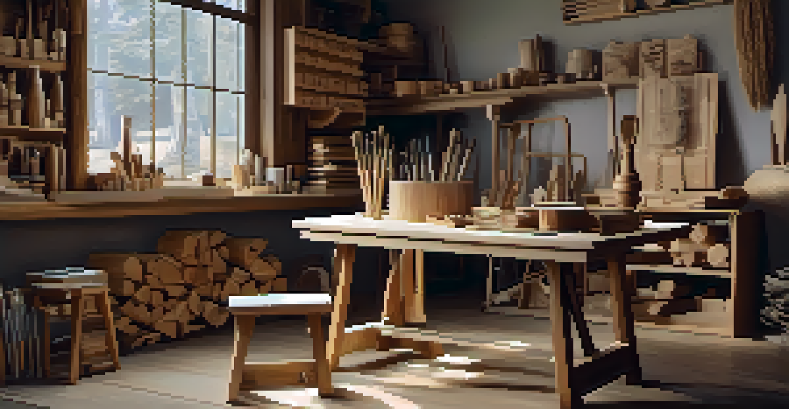 A collection of different types of wood and carving tools on a rustic table, illuminated by soft light.