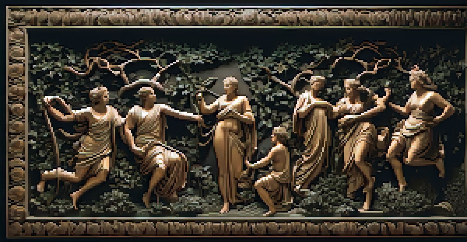 A lifelike relief carving of a mythological scene with elegantly draped figures and foliage, highlighted by dramatic lighting.