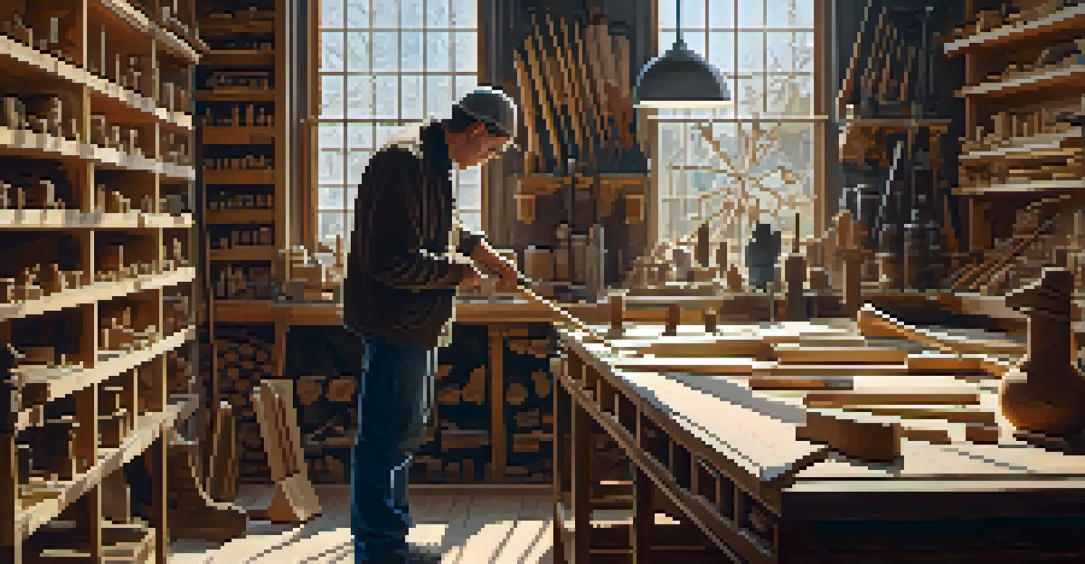 A woodworker using a mallet on a chisel in a workshop filled with tools and wooden sculptures, illuminated by natural light.