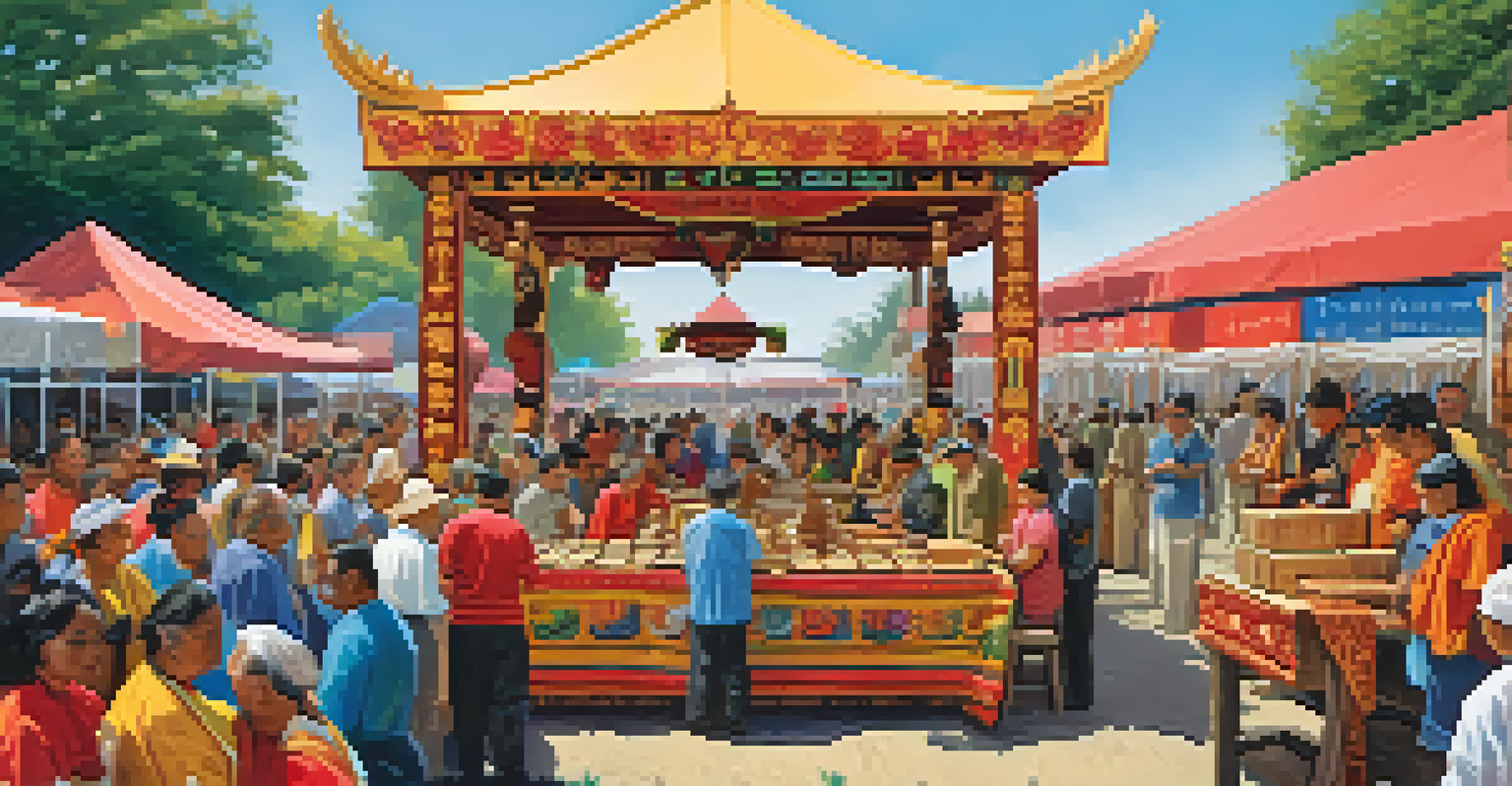 A cultural festival with artisans demonstrating traditional carving, colorful banners, and an engaged audience in an outdoor setting.