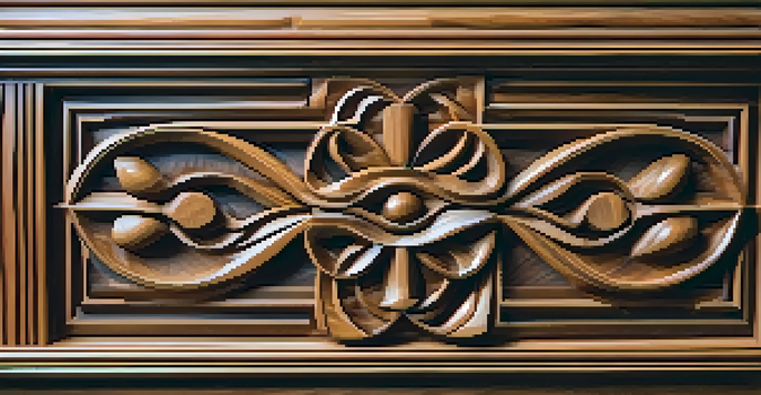 A wooden sculpture with symmetrical carving details, illuminated by soft natural light, showcasing the wood's grain and texture.