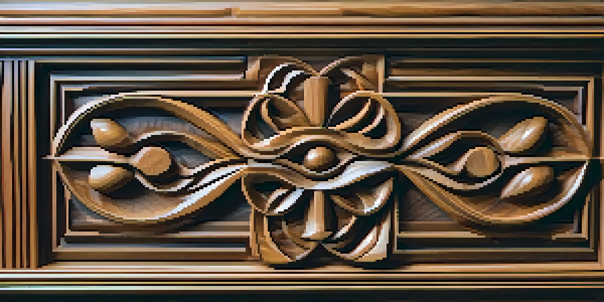 A wooden sculpture with symmetrical carving details, illuminated by soft natural light, showcasing the wood's grain and texture.
