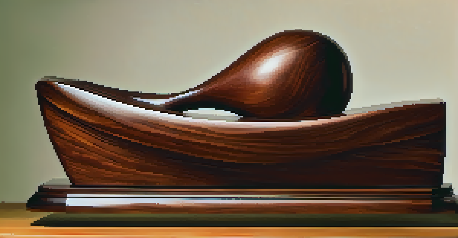 A carved wooden sculpture from aged cherry wood, set against a neutral background with gentle spotlighting.
