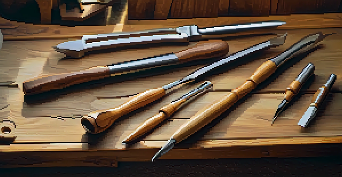 A close-up view of various traditional wooden carving tools placed on a rustic workbench, illuminated by warm natural light.