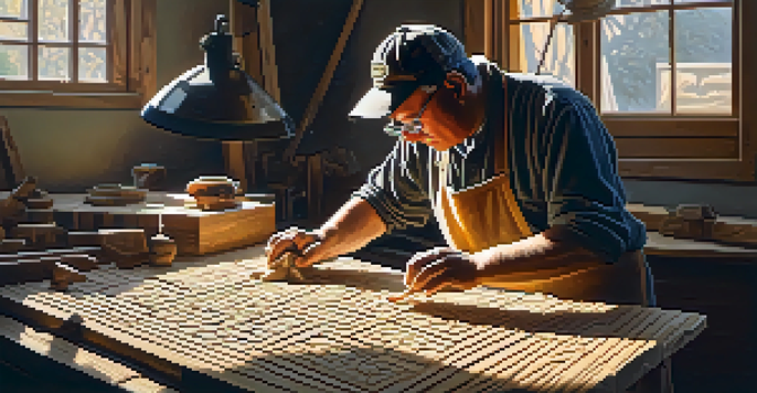 An artisan carving patterns into wood in a bright workshop filled with tools and sunlight.