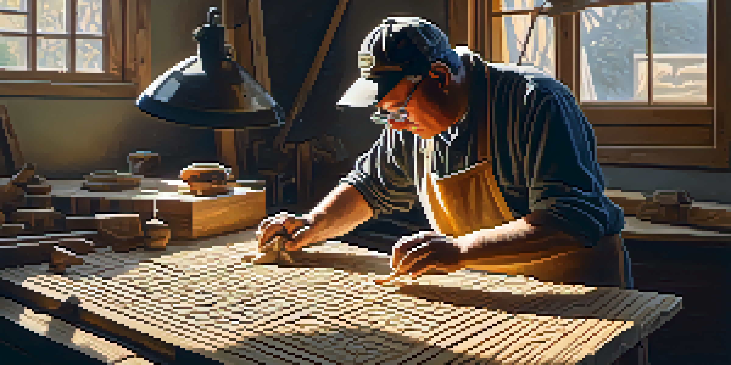 An artisan carving patterns into wood in a bright workshop filled with tools and sunlight.