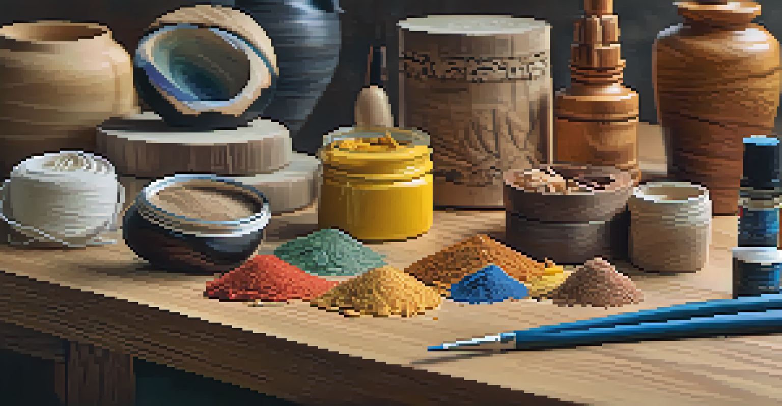 An artistic arrangement of various carving materials on a wooden table, showcasing their textures and colors.
