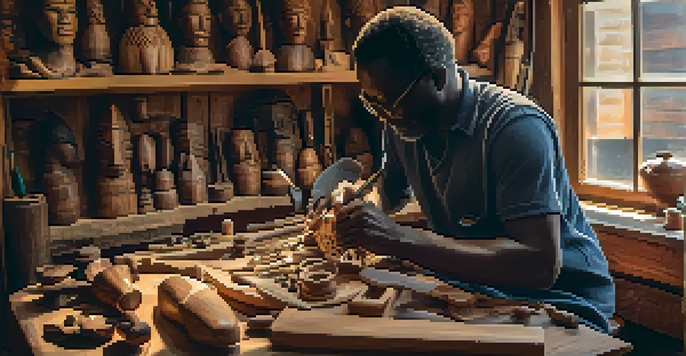 An African artisan carefully carving a wooden mask in a warmly lit workshop, with tools and mahogany wood visible around.