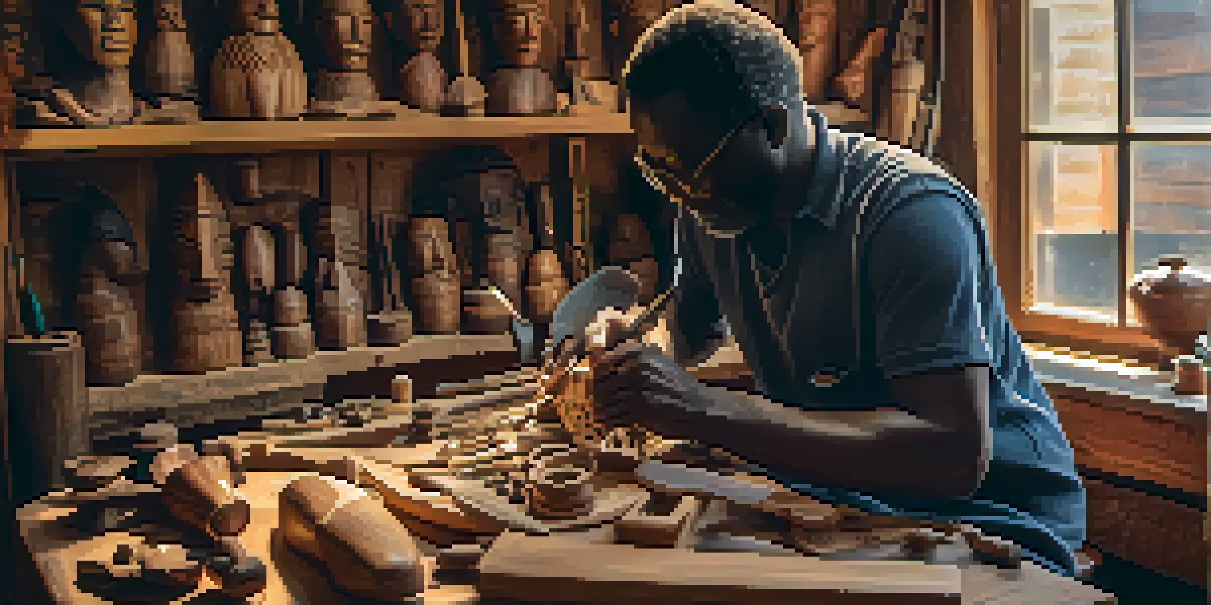 An African artisan carefully carving a wooden mask in a warmly lit workshop, with tools and mahogany wood visible around.