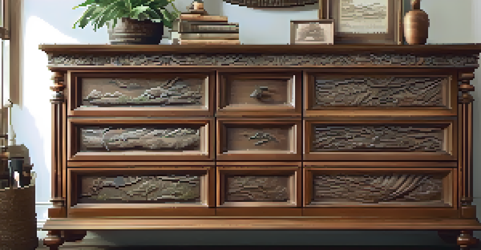 A beautifully carved dresser showcasing nature scenes, decorated with vintage books and plants.
