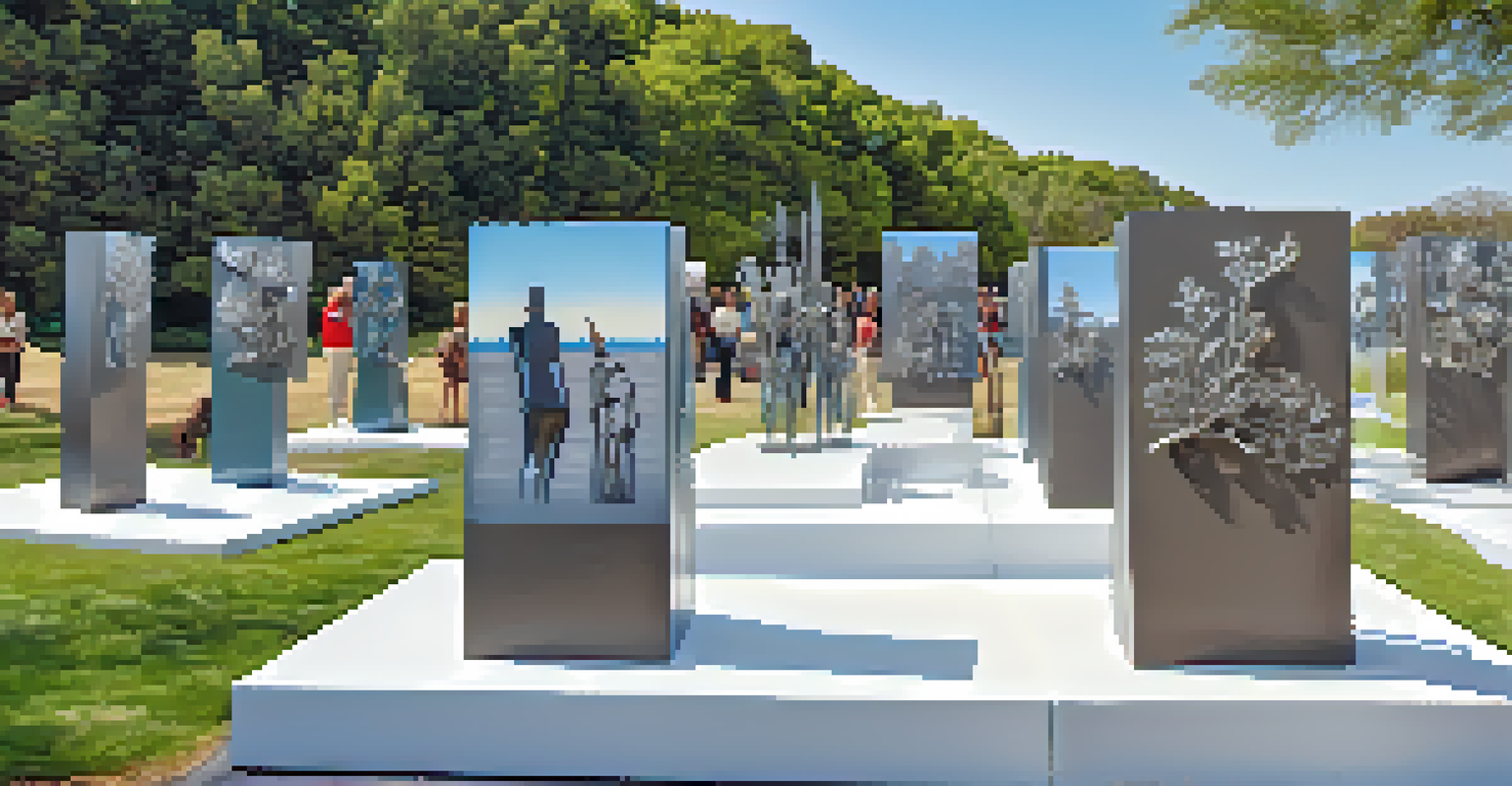 An outdoor exhibition with people admiring eco-friendly metal sculptures, surrounded by greenery and a blue sky.