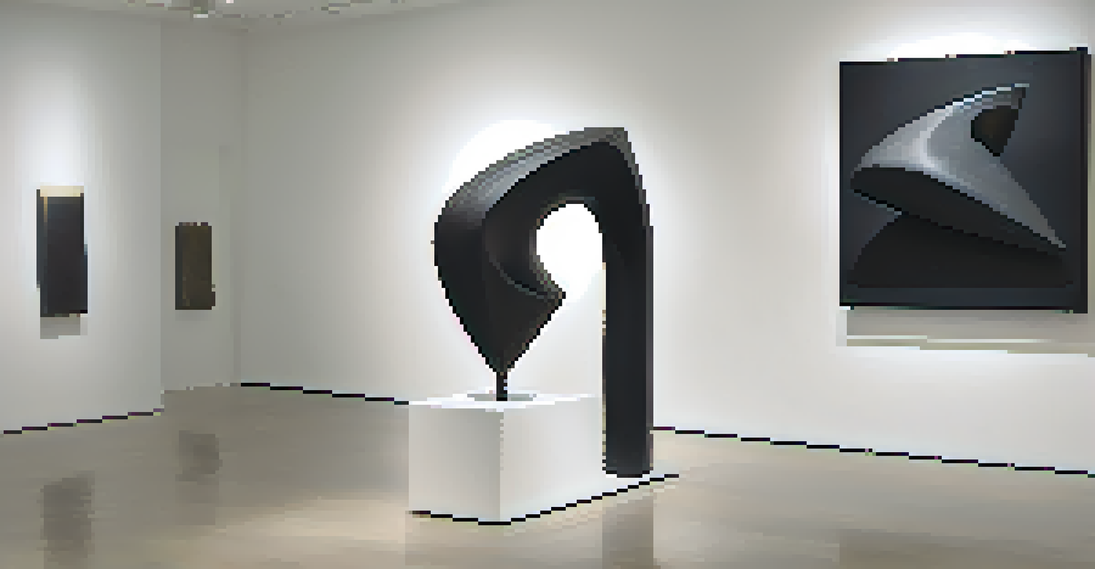 A modern abstract stone sculpture in a minimalist art gallery.