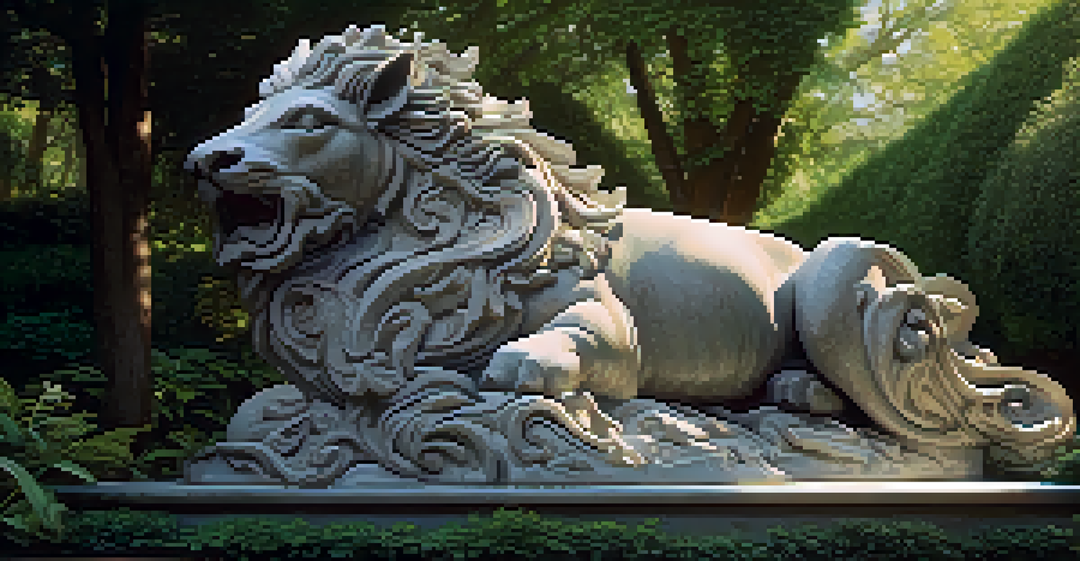 A stone sculpture of a mythical creature surrounded by greenery and sunlight.