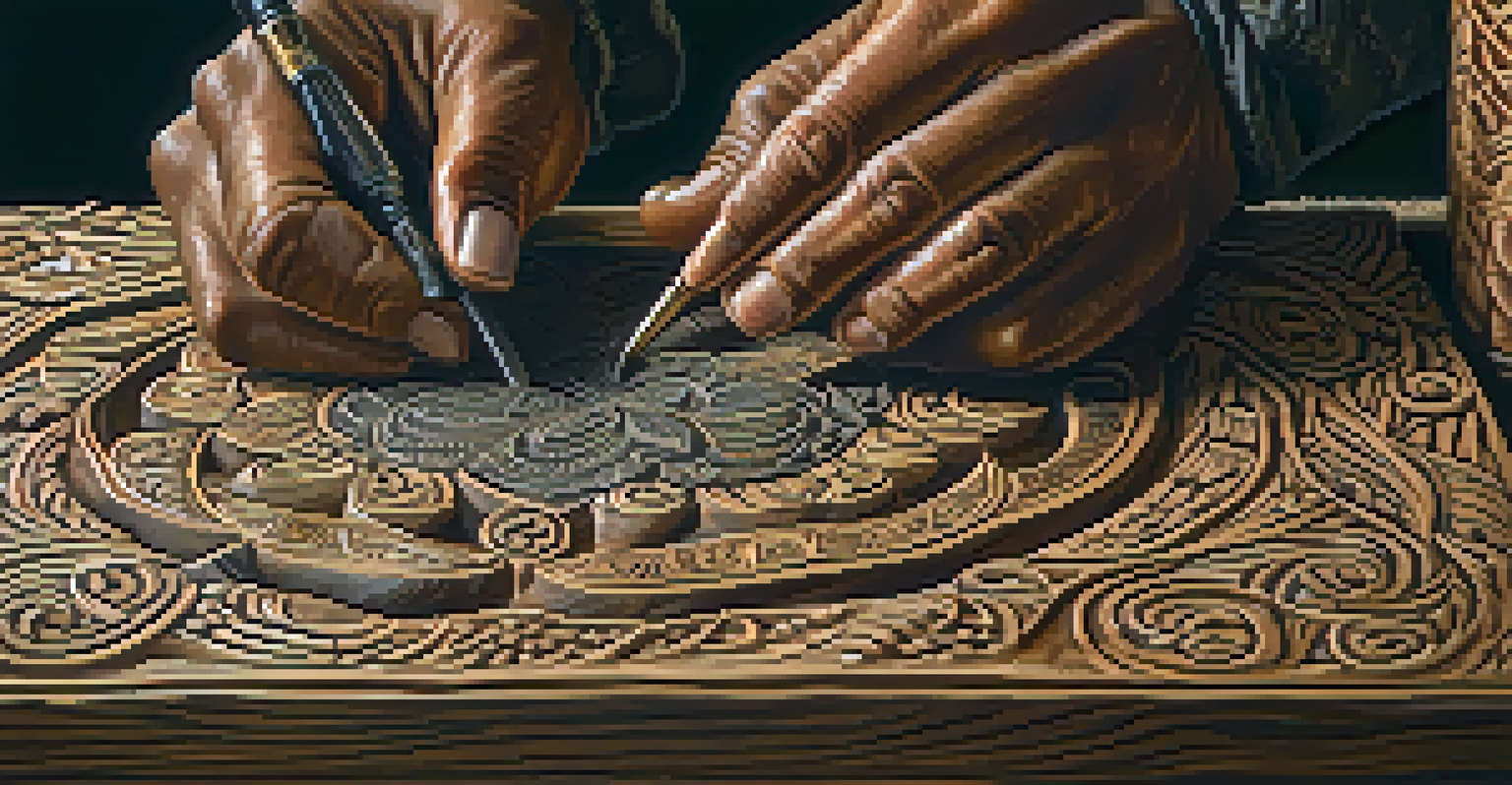 Hands of an artisan carving intricate patterns into dark wood with traditional tools, illuminated by warm light.