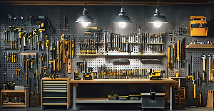 A bright and organized workshop with various power tools displayed on pegboards, showcasing their cleanliness and readiness for use.