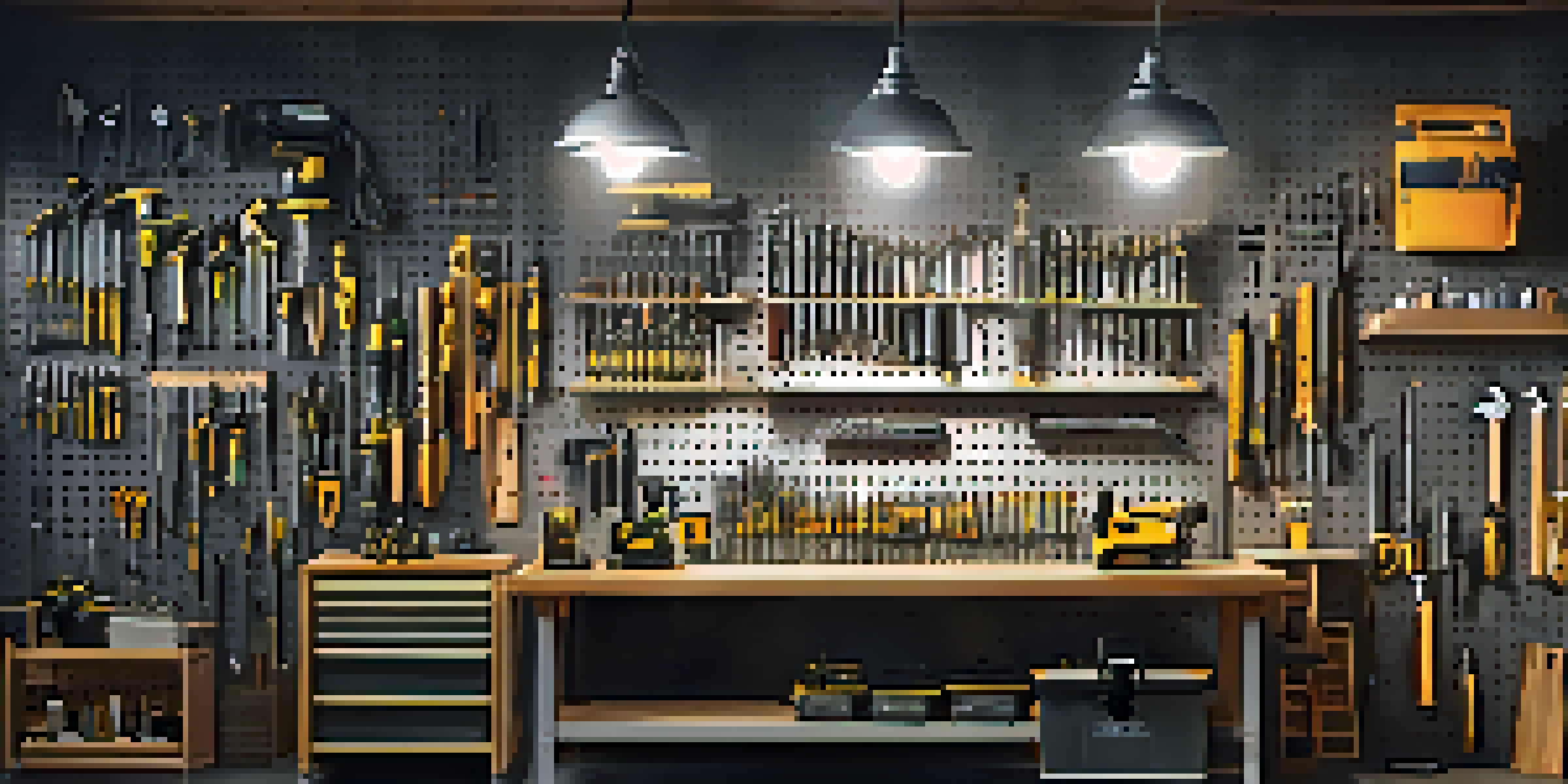 A bright and organized workshop with various power tools displayed on pegboards, showcasing their cleanliness and readiness for use.
