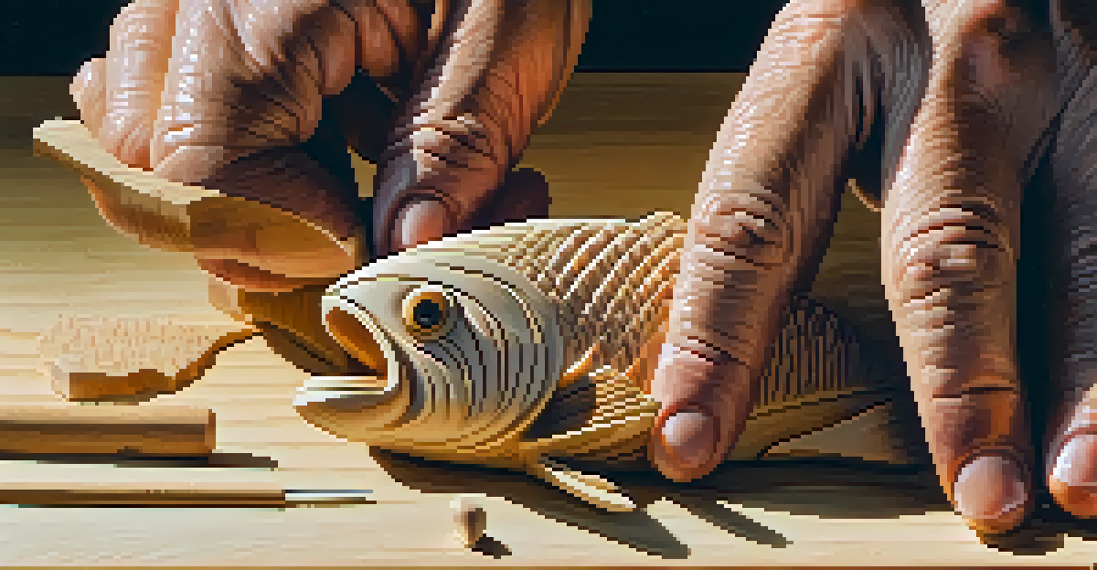 A close-up view of hands carving a fish figure from wood, with scattered shavings and a carving knife visible in warm light.