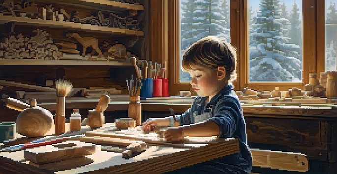 A child focused on carving wood at a workbench, with tools and colorful materials surrounding them.