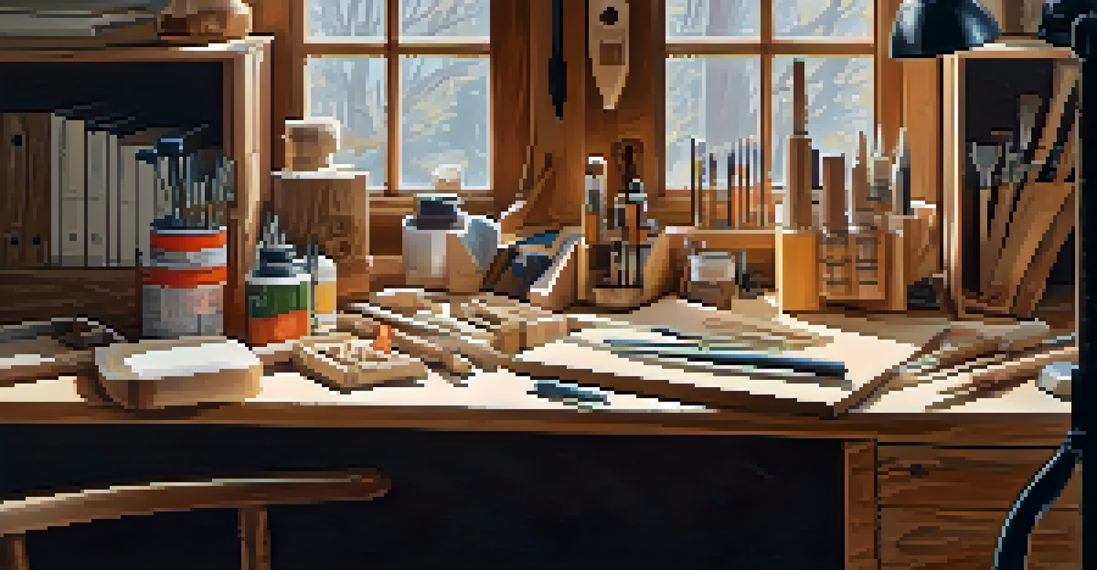 A well-organized carving workspace with wood, plastics, and tools under natural light.