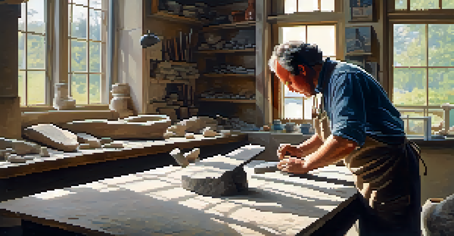 A sculptor carving stone with a chisel and hammer in a well-lit workshop.