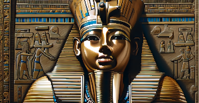 A detailed close-up of an ancient Egyptian relief showing a pharaoh with hieroglyphics in the background, illuminated by sunlight.