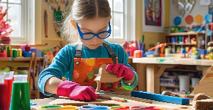 A young child engaged in safe carving activities, surrounded by colorful crafting tools and materials, with a bright window light illuminating the scene.