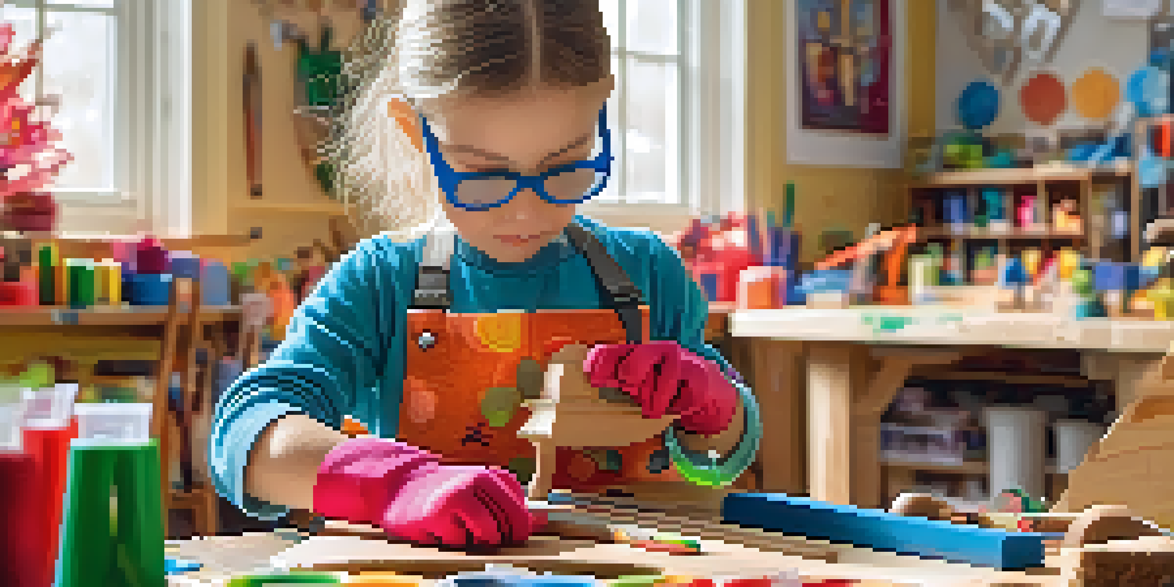A young child engaged in safe carving activities, surrounded by colorful crafting tools and materials, with a bright window light illuminating the scene.