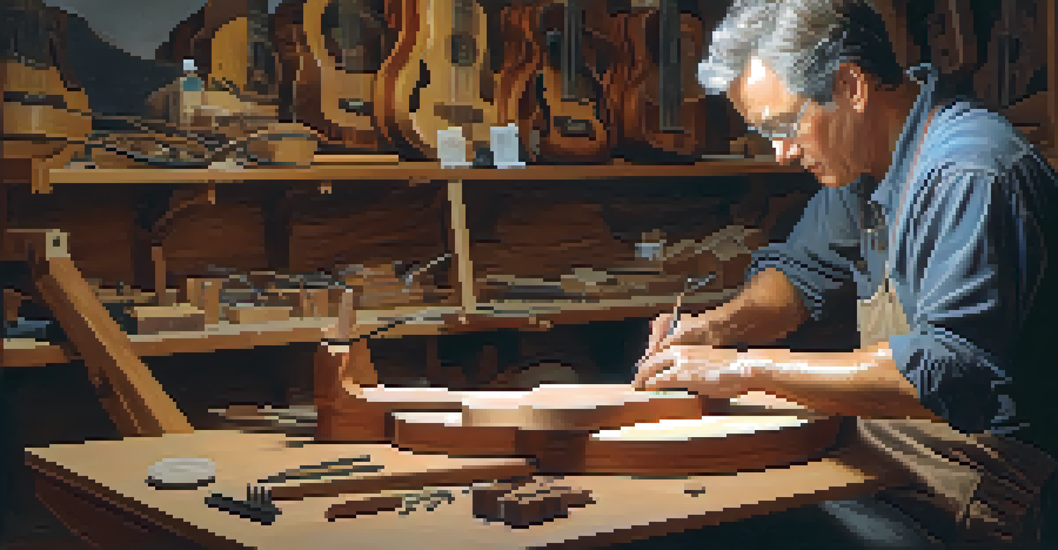 A luthier carving a mahogany guitar body in a well-lit workshop filled with tools.