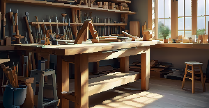 A bright workshop with various sculpting tools and a digital tablet on a wooden table, illuminated by sunlight coming through a window.